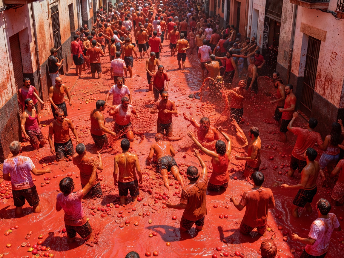 Aerial view of people drenched in tomato puree during La Tomatina in Bunol