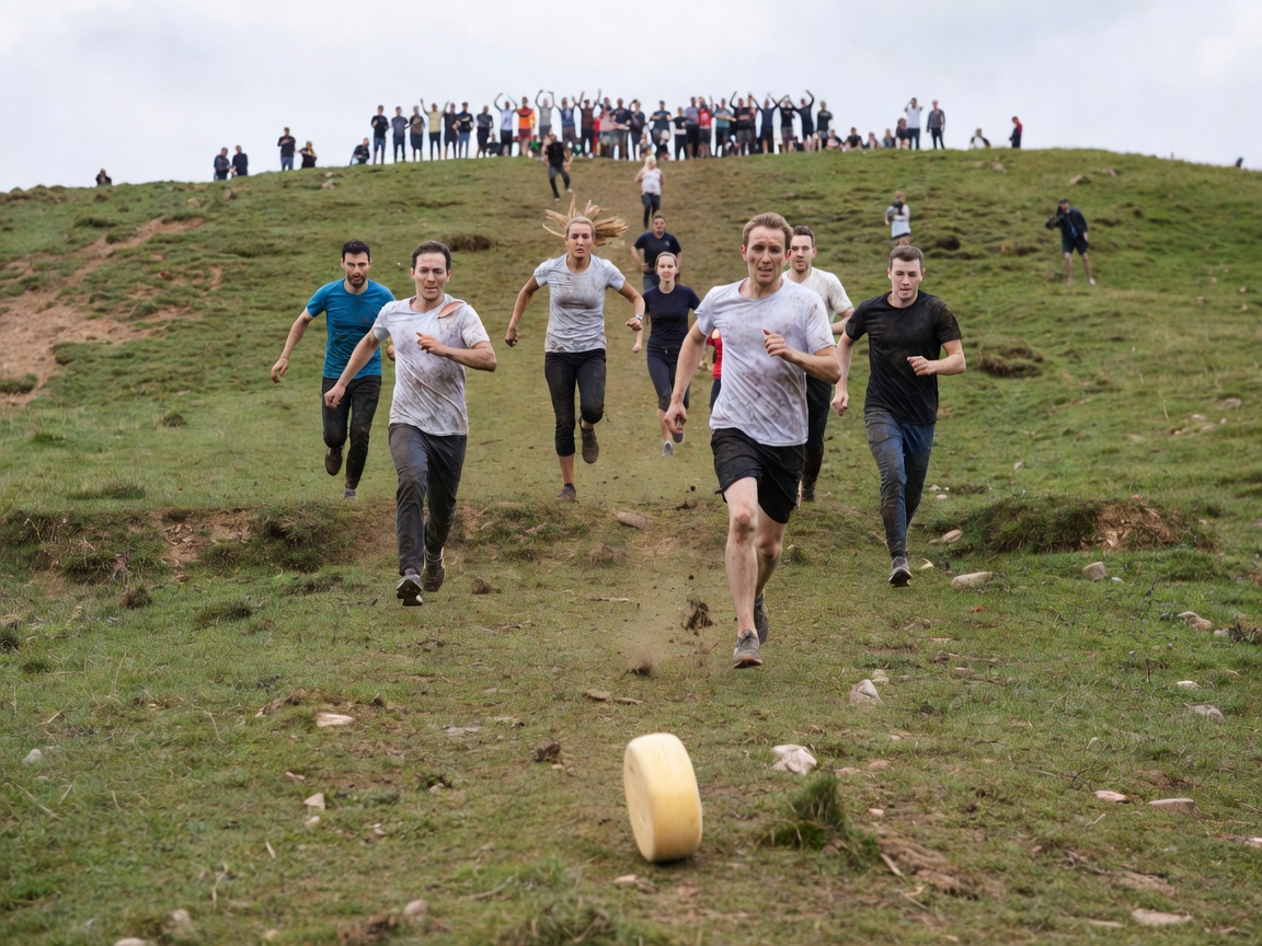 Competitors tumbling down a steep grassy English hill chasing rolling cheese
