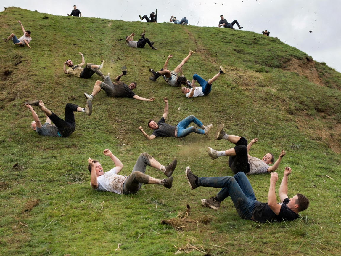 Competitors somersaulting down a sheer grass hill during the cheese rolling race