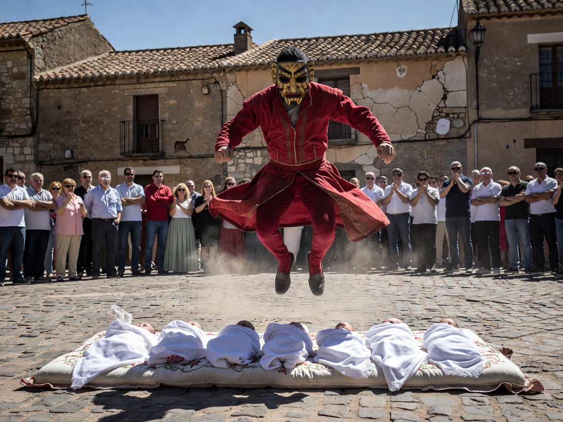 Traditional masked runner leaping over mattresses in Castrillo de Murcia
