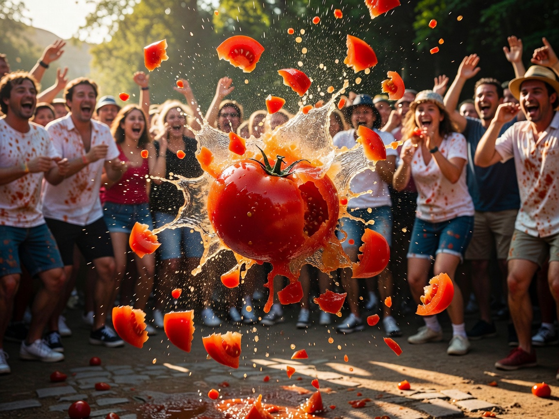 Flying tomatoes and red splatter in festival crowd