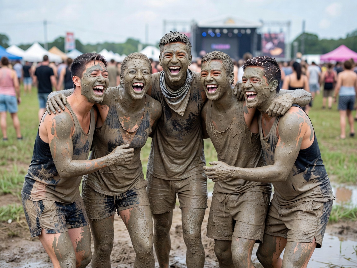 Group of friends smeared head to toe in grey mineral mud laughing at festival