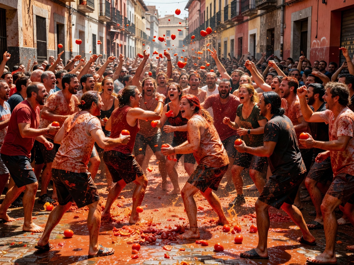 Crushed red ripe tomatoes splashing on festival participants in Buñol