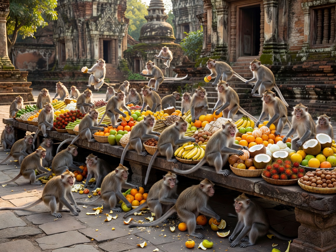 Long-tailed macaque monkey feasting on tropical fruits at ancient temple