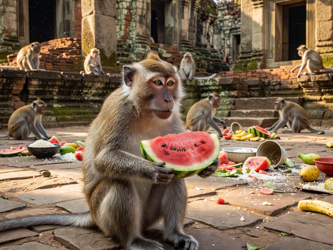 Macaque monkey holding a ripe slice of watermelon at the Lopburi temple banquet
