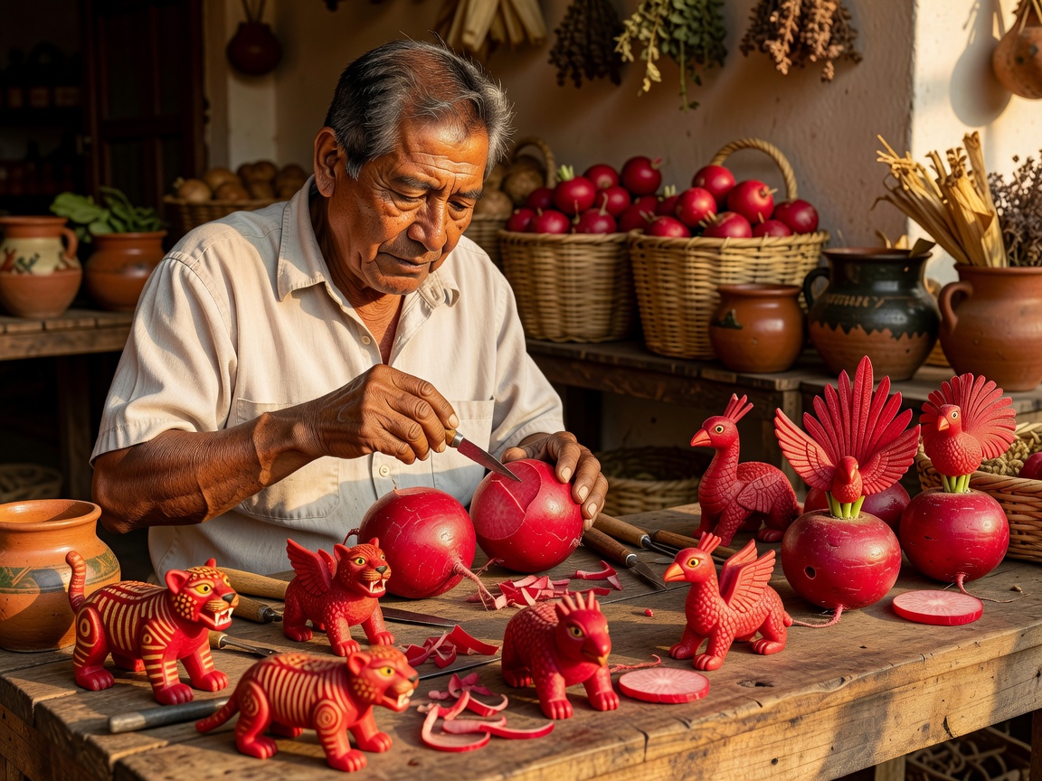 Master carver displaying detailed folk figures shaped from large red radishes in Oaxaca