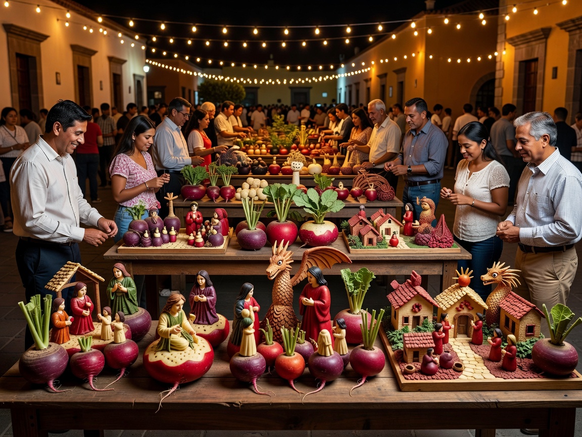 Intricately carved root vegetables on display in historic Mexican zocalo