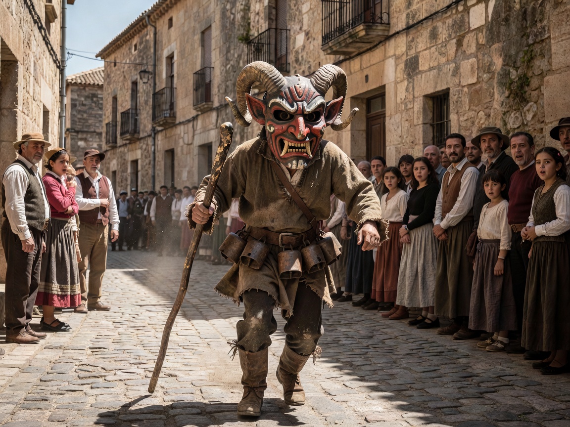 Traditional masked devil runner preparing for ceremonial run in Castrillo de Murcia