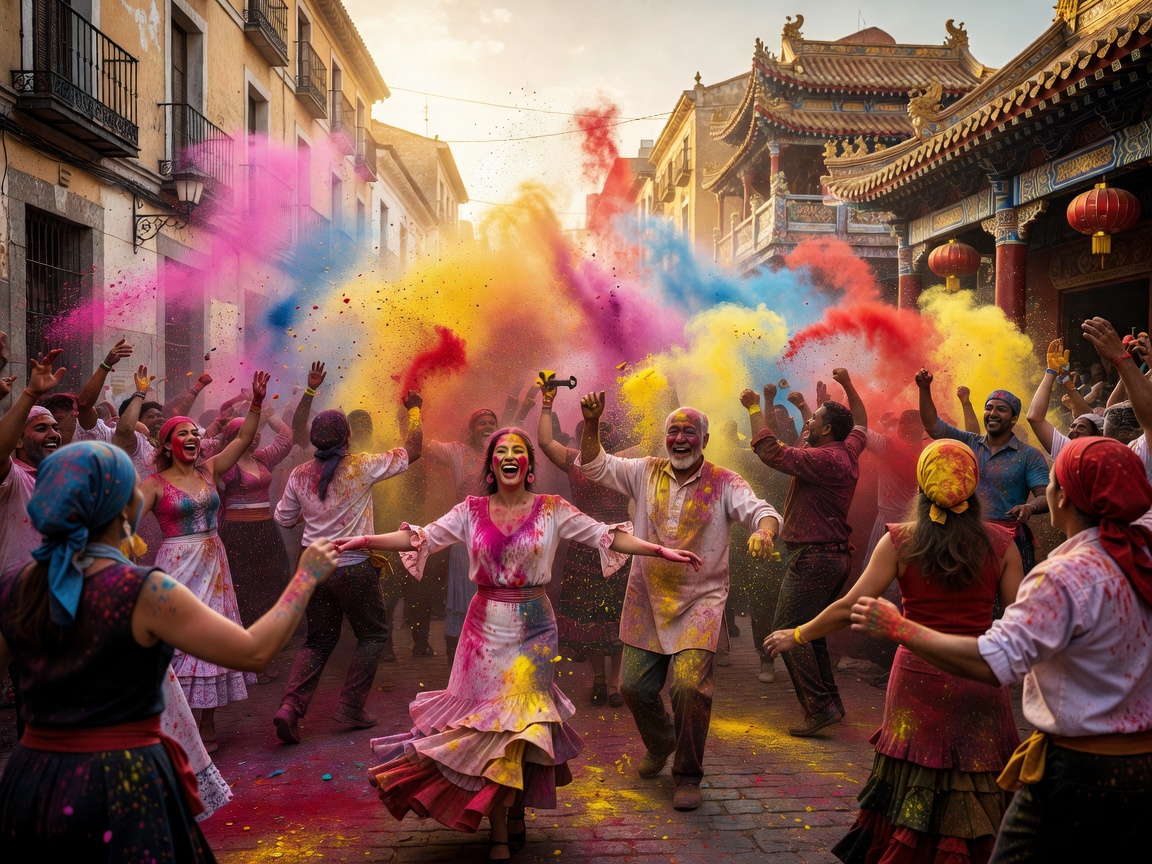 Vibrant chaotic celebration with colored powders and festival energy in Spain and Asia