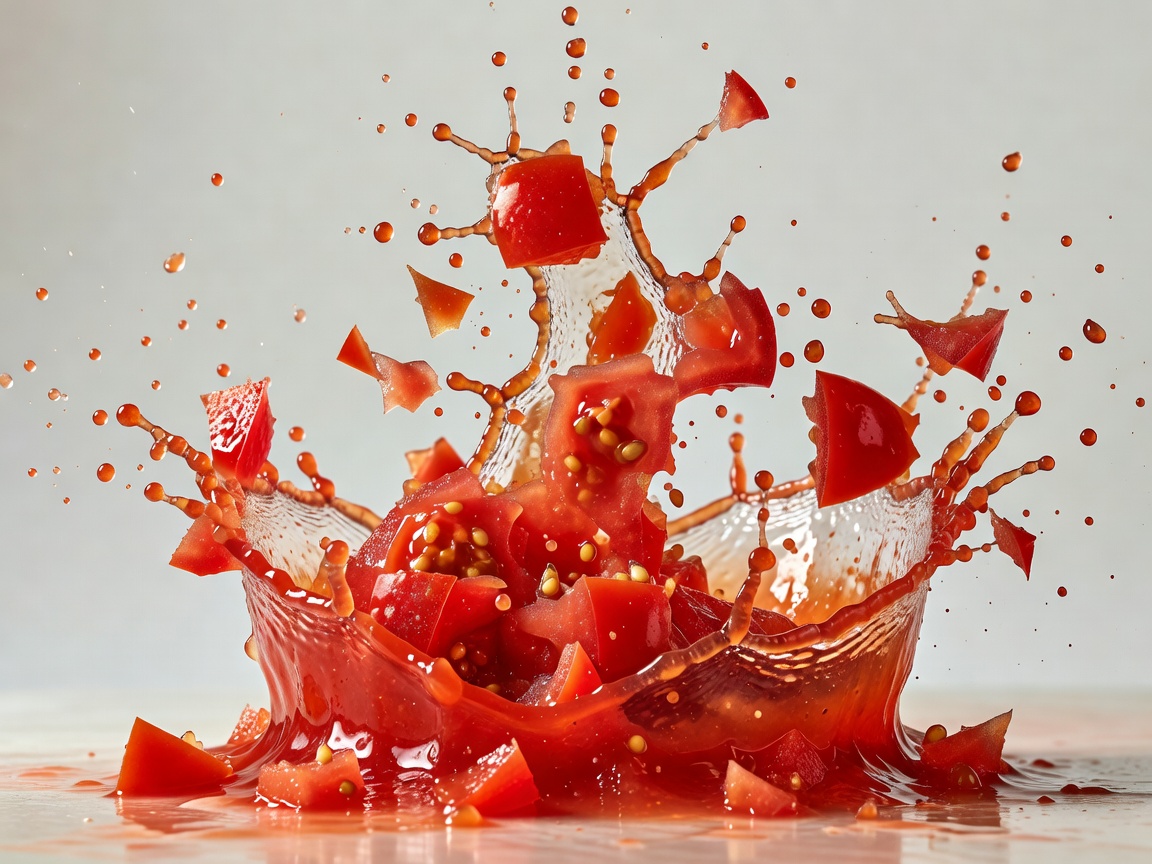 Vibrant red splash of smashed tomatoes captured in mid-air